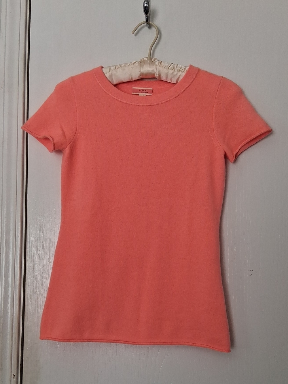 J. Crew Bright Coral Crew Neck Short-Sleeve Cashmere Knit Top Sz XXS